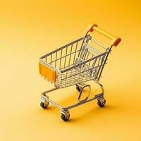 Composition of shopping cart or trolley with gift boxes or bags. Cyber monday sales or shopping day concept by AI Generated photo