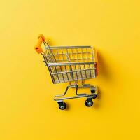 Composition of shopping cart or trolley with gift boxes or bags. Cyber monday sales or shopping day concept by AI Generated photo