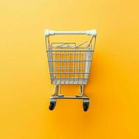 Composition of shopping cart or trolley with gift boxes or bags. Cyber monday sales or shopping day concept by AI Generated photo