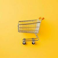 Composition of shopping cart or trolley with gift boxes or bags. Cyber monday sales or shopping day concept by AI Generated photo