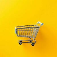 Composition of shopping cart or trolley with gift boxes or bags. Cyber monday sales or shopping day concept by AI Generated photo