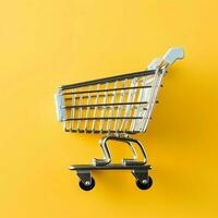 Composition of shopping cart or trolley with gift boxes or bags. Cyber monday sales or shopping day concept by AI Generated photo