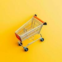 Composition of shopping cart or trolley with gift boxes or bags. Cyber monday sales or shopping day concept by AI Generated photo