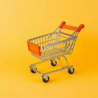 Composition of shopping cart or trolley with gift boxes or bags. Cyber monday sales or shopping day concept by AI Generated photo