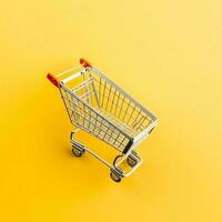 Composition of shopping cart or trolley with gift boxes or bags. Cyber monday sales or shopping day concept by AI Generated photo