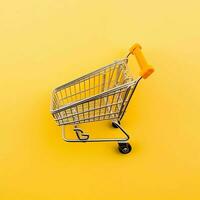 Composition of shopping cart or trolley with gift boxes or bags. Cyber monday sales or shopping day concept by AI Generated photo