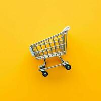 Composition of shopping cart or trolley with gift boxes or bags. Cyber monday sales or shopping day concept by AI Generated photo