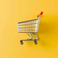 Composition of shopping cart or trolley with gift boxes or bags. Cyber monday sales or shopping day concept by AI Generated photo