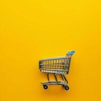 Composition of shopping cart or trolley with gift boxes or bags. Cyber monday sales or shopping day concept by AI Generated photo