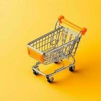 Composition of shopping cart or trolley with gift boxes or bags. Cyber monday sales or shopping day concept by AI Generated photo