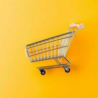 Composition of shopping cart or trolley with gift boxes or bags. Cyber monday sales or shopping day concept by AI Generated photo