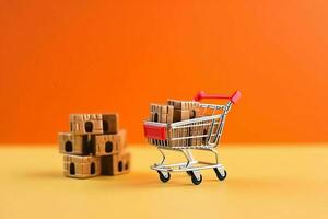 Composition of shopping cart or trolley with gift boxes or bags. Cyber monday sales or shopping day concept by AI Generated photo