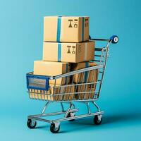 Composition of shopping cart or trolley with gift boxes or bags. Cyber monday sales or shopping day concept by AI Generated photo