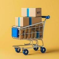 Composition of shopping cart or trolley with gift boxes or bags. Cyber monday sales or shopping day concept by AI Generated photo