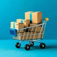 composición de compras carro o carretilla con regalo cajas o bolsas. ciber lunes ventas o compras día concepto por ai generado foto