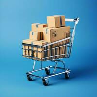 Composition of shopping cart or trolley with gift boxes or bags. Cyber monday sales or shopping day concept by AI Generated photo