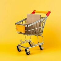 Composition of shopping cart or trolley with gift boxes or bags. Cyber monday sales or shopping day concept by AI Generated photo