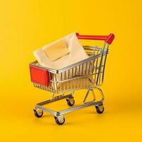 composición de compras carro o carretilla con regalo cajas o bolsas. ciber lunes ventas o compras día concepto por ai generado foto