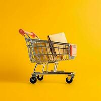 Composition of shopping cart or trolley with gift boxes or bags. Cyber monday sales or shopping day concept by AI Generated photo