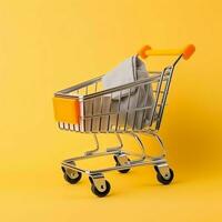 Composition of shopping cart or trolley with gift boxes or bags. Cyber monday sales or shopping day concept by AI Generated photo