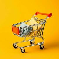 Composition of shopping cart or trolley with gift boxes or bags. Cyber monday sales or shopping day concept by AI Generated photo