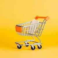 Composition of shopping cart or trolley with gift boxes or bags. Cyber monday sales or shopping day concept by AI Generated photo