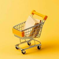 Composition of shopping cart or trolley with gift boxes or bags. Cyber monday sales or shopping day concept by AI Generated photo