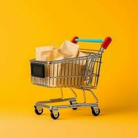 Composition of shopping cart or trolley with gift boxes or bags. Cyber monday sales or shopping day concept by AI Generated photo