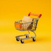 Composition of shopping cart or trolley with gift boxes or bags. Cyber monday sales or shopping day concept by AI Generated photo