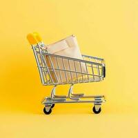 Composition of shopping cart or trolley with gift boxes or bags. Cyber monday sales or shopping day concept by AI Generated photo