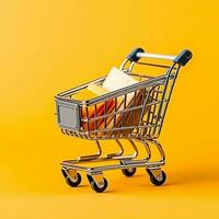 Composition of shopping cart or trolley with gift boxes or bags. Cyber monday sales or shopping day concept by AI Generated photo