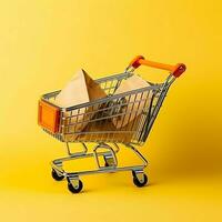 Composition of shopping cart or trolley with gift boxes or bags. Cyber monday sales or shopping day concept by AI Generated photo