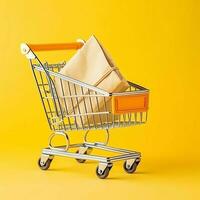 Composition of shopping cart or trolley with gift boxes or bags. Cyber monday sales or shopping day concept by AI Generated photo