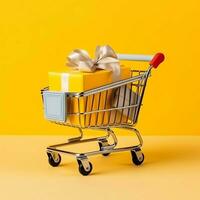 Composition of shopping cart or trolley with gift boxes or bags. Cyber monday sales or shopping day concept by AI Generated photo