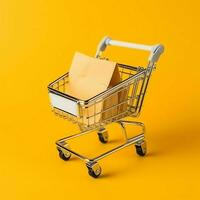 composición de compras carro o carretilla con regalo cajas o bolsas. ciber lunes ventas o compras día concepto por ai generado foto