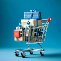 composición de compras carro o carretilla con regalo cajas o bolsas. ciber lunes ventas o compras día concepto por ai generado foto