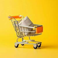 Composition of shopping cart or trolley with gift boxes or bags. Cyber monday sales or shopping day concept by AI Generated photo
