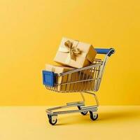 Composition of shopping cart or trolley with gift boxes or bags. Cyber monday sales or shopping day concept by AI Generated photo