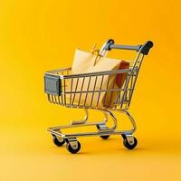 Composition of shopping cart or trolley with gift boxes or bags. Cyber monday sales or shopping day concept by AI Generated photo