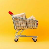 Composition of shopping cart or trolley with gift boxes or bags. Cyber monday sales or shopping day concept by AI Generated photo