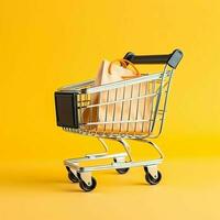 Composition of shopping cart or trolley with gift boxes or bags. Cyber monday sales or shopping day concept by AI Generated photo