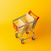 Composition of shopping cart or trolley with gift boxes or bags. Cyber monday sales or shopping day concept by AI Generated photo