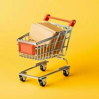 Composition of shopping cart or trolley with gift boxes or bags. Cyber monday sales or shopping day concept by AI Generated photo