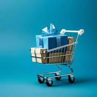 Composition of shopping cart or trolley with gift boxes or bags. Cyber monday sales or shopping day concept by AI Generated photo