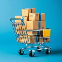 Composition of shopping cart or trolley with gift boxes or bags. Cyber monday sales or shopping day concept by AI Generated photo