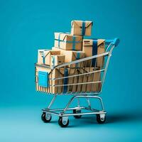 Composition of shopping cart or trolley with gift boxes or bags. Cyber monday sales or shopping day concept by AI Generated photo