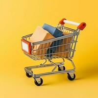 Composition of shopping cart or trolley with gift boxes or bags. Cyber monday sales or shopping day concept by AI Generated photo