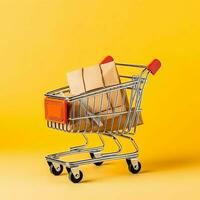 composición de compras carro o carretilla con regalo cajas o bolsas. ciber lunes ventas o compras día concepto por ai generado foto