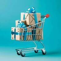 Composition of shopping cart or trolley with gift boxes or bags. Cyber monday sales or shopping day concept by AI Generated photo