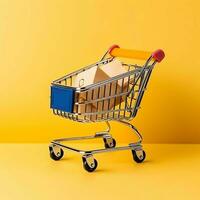 Composition of shopping cart or trolley with gift boxes or bags. Cyber monday sales or shopping day concept by AI Generated photo